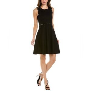 T Tahari dress black sleeveless flared skirt gold studs large L 12 XL 14